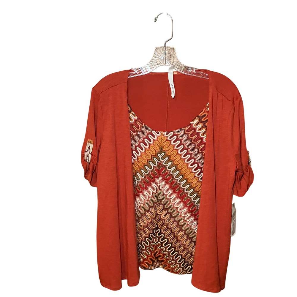 NY Collection Cardigan Set Womens Petite Small Rust Orange Zigzag Crochet NEW